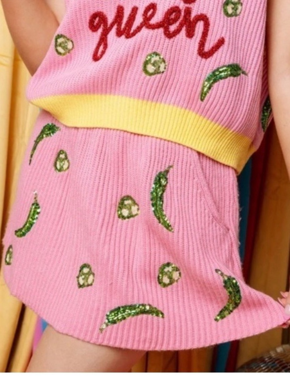 QUEEN OF SPARKLES Pink Skirt with Green Sequin Jalapeños